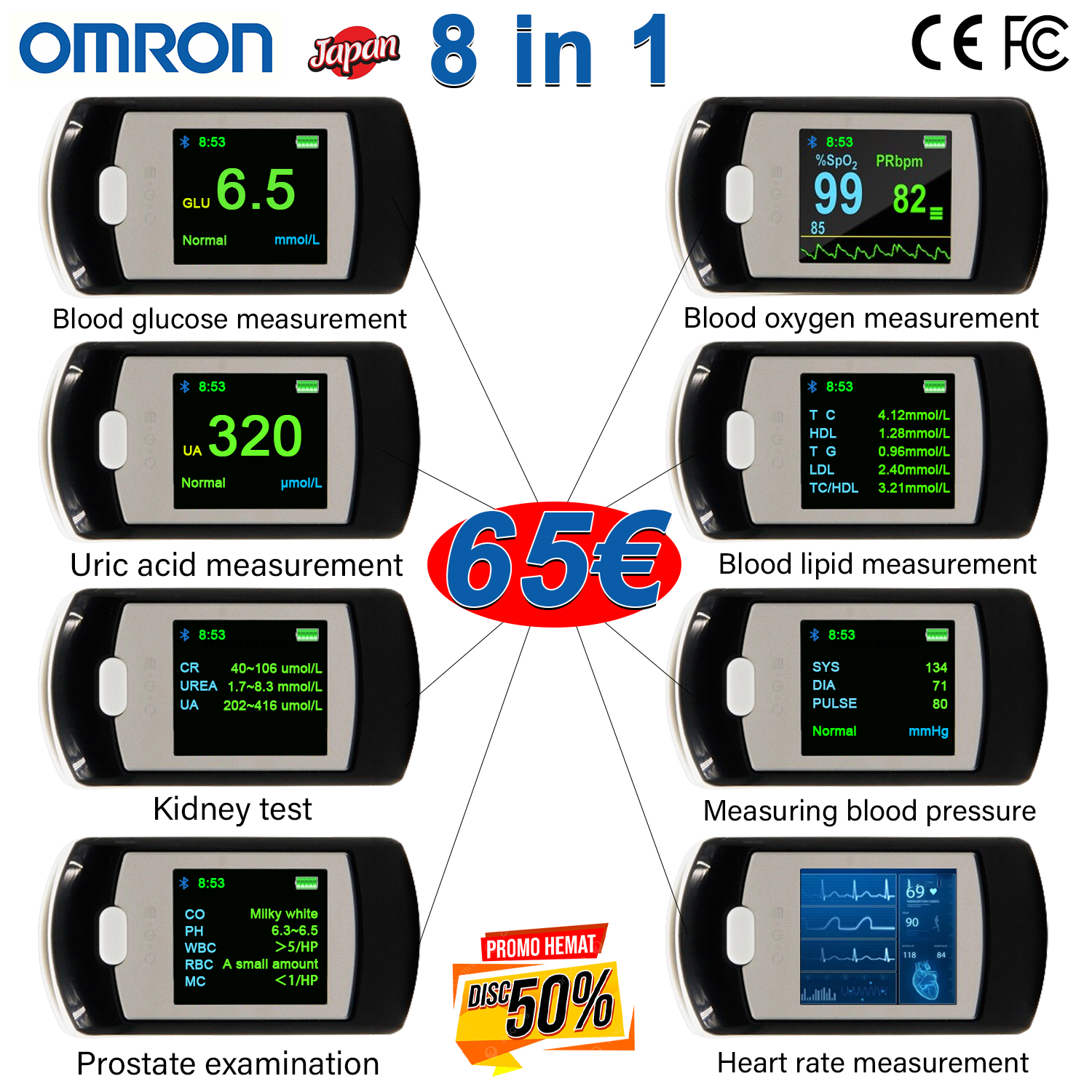 T04 (neinvazivni krvni sladkor + neinvazivni krvni kisik + neinvazivna sečna kislina + neinvazivni srčni utrip + neinvazivni krvni tlak + kardiopulmonalni test + test ledvic + test prostate + Bluetooth povezava + računalniška povezava)