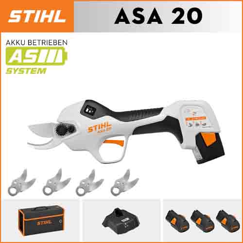 STIHL ASA20*1, litijska baterija*3, kutija za odlaganje*1, rezna glava*5, punjač*1