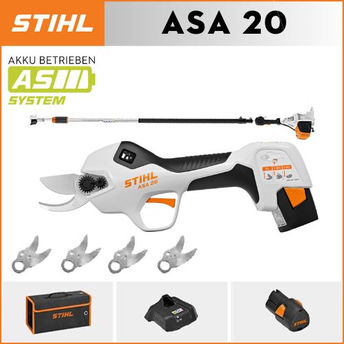 STIHL ASA20*1, litijska baterija*1, kutija za odlaganje*1, glava za rezanje*5, punjač*1, teleskopski štap*1